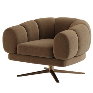 Modern brown swivel armchair with padded cushions.