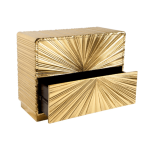 Gold textured drawer cabinet with sunburst design.