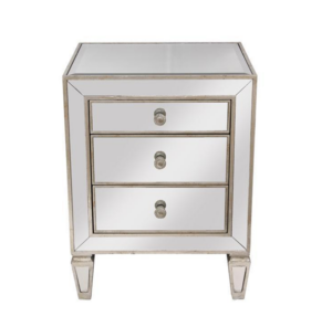Mirrored three-drawer bedside table with silver knobs.