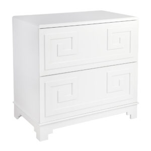 White two-drawer chest with geometric patterns