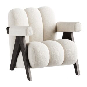 Modern beige armchair with wooden legs.