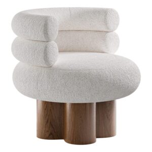 Modern white boucle chair with wooden legs