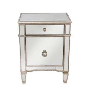 Mirrored bedside table with drawer and cabinet.