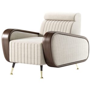 Modern beige armchair with wooden accents.