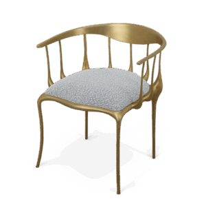 Gold armchair with grey cushion and modern design.