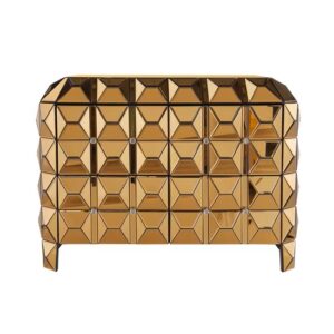 Gold geometric mirrored cabinet with drawers.
