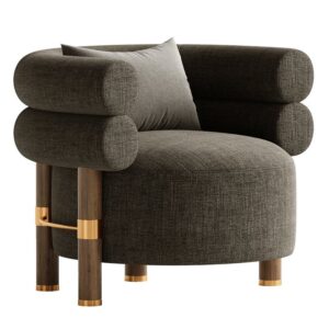 Modern grey chair with wooden legs and pillow.