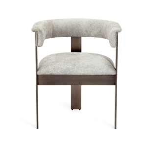 Modern grey fabric dining chair with metal frame.