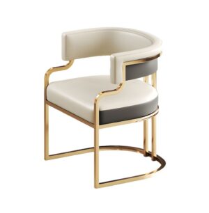 Modern chair with gold frame and leather upholstery.
