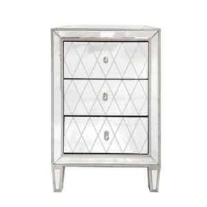 Mirrored three-drawer cabinet with diamond pattern design.