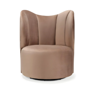 Elegant beige velvet armchair with rounded design.