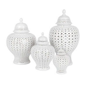 Lattice White Ceramic Temple Jar Set