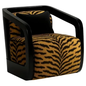 Tiger pattern armchair with black frame and cushion.