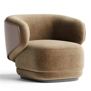 Modern brown fabric armchair with curved design