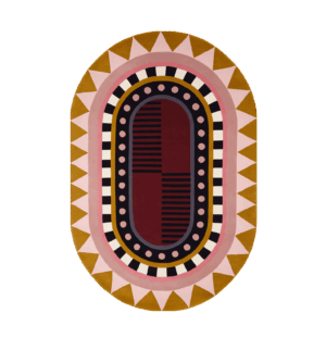 Colourful geometric pattern on oval rug design.
