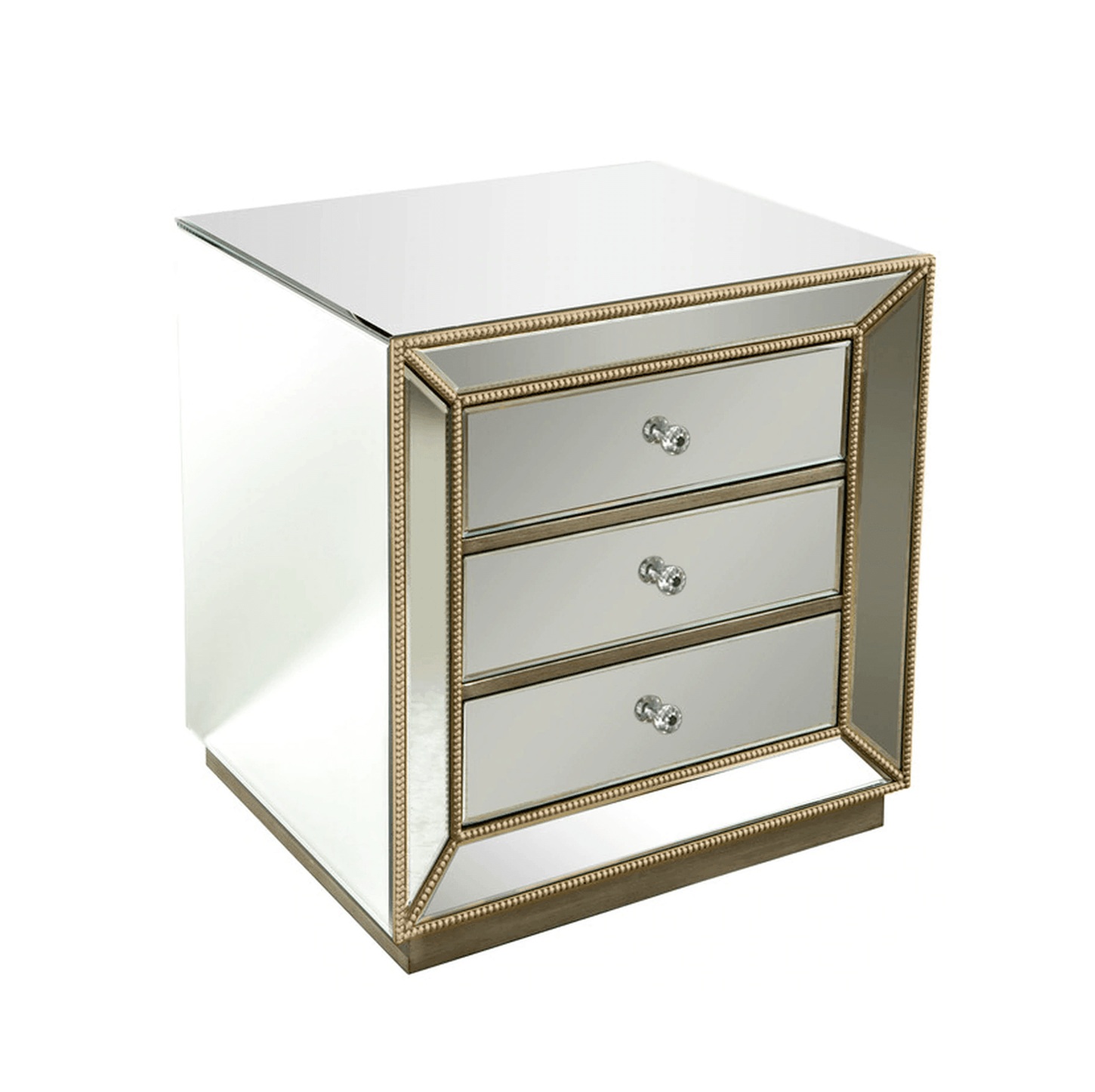 Mirrored three-drawer bedside table with beaded trim.