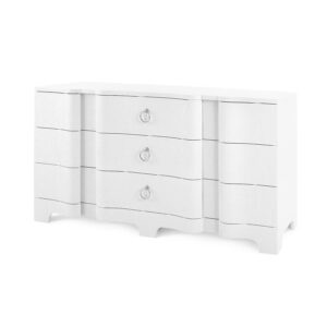 White curved dresser with three drawers.