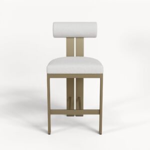 Modern chair with white cushion and metallic frame.