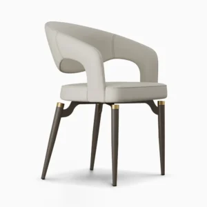 Modern beige chair with wooden legs.