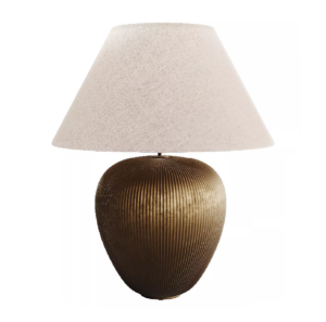 Brown ceramic table lamp with beige shade.