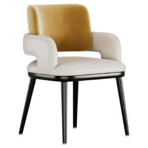 Modern chair with beige upholstery and black legs.