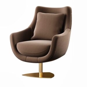 Brown fabric swivel armchair with gold base.