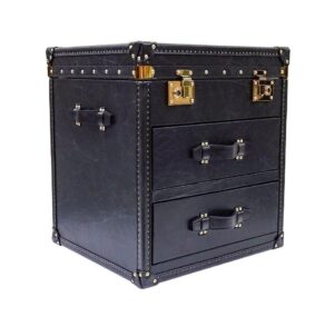 Black leather trunk with drawers and buckles.