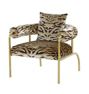Tiger print armchair with gold frame.