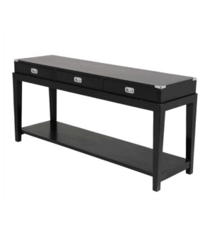 Black console table with drawers and shelf.