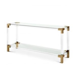 Modern glass console table with gold accents.