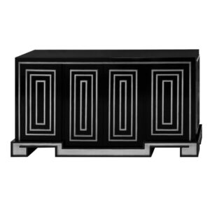 Black sideboard with geometric silver patterns.