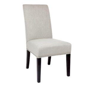 Elegant grey upholstered dining chair with dark legs.