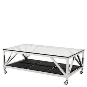 Glass coffee table with metal frame and wheels.