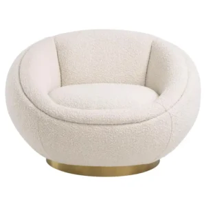 White boucle swivel chair with gold base.