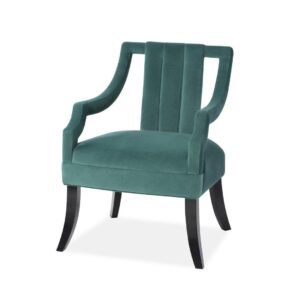 Green upholstered armchair with wooden legs.