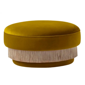 Yellow round ottoman with decorative tassel fringe