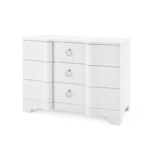 White dresser with three drawers and ring handles.