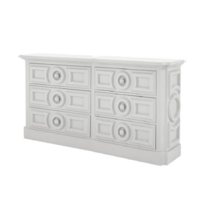 White dresser with ornate circular drawer designs