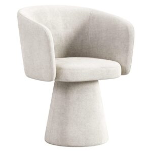 Modern beige upholstered chair with curved backrest.