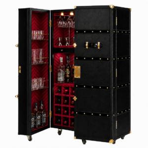 Belvedere Black Leather Suede Brass Bar Trunk