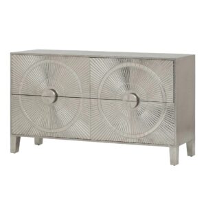Silver textured cabinet with circular patterns.