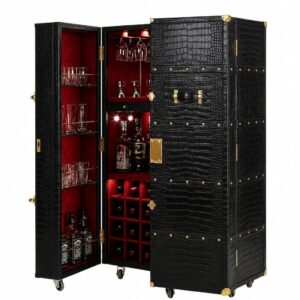 Belvedere Black Crocodile Leather Suede Brass Bar Trunk