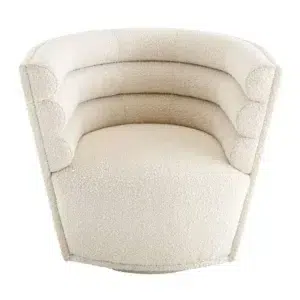 Cream boucle chair with curved backrest and arms.