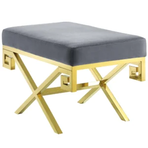 Luxury stool with gold frame and grey cushion.