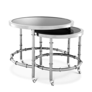 Stylish silver nesting side tables with black tops.