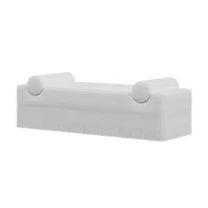 White fringed bench with roll pillows