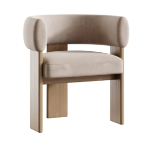 Modern beige wooden armchair with cushioned upholstery.
