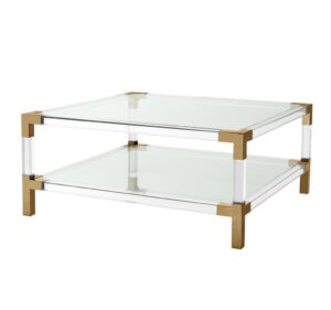 Elegant glass and gold square coffee table.