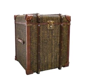 Vintage woven trunk with leather accents.