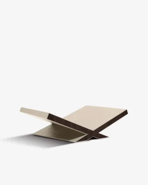 Abstract metal sculpture with angular design.